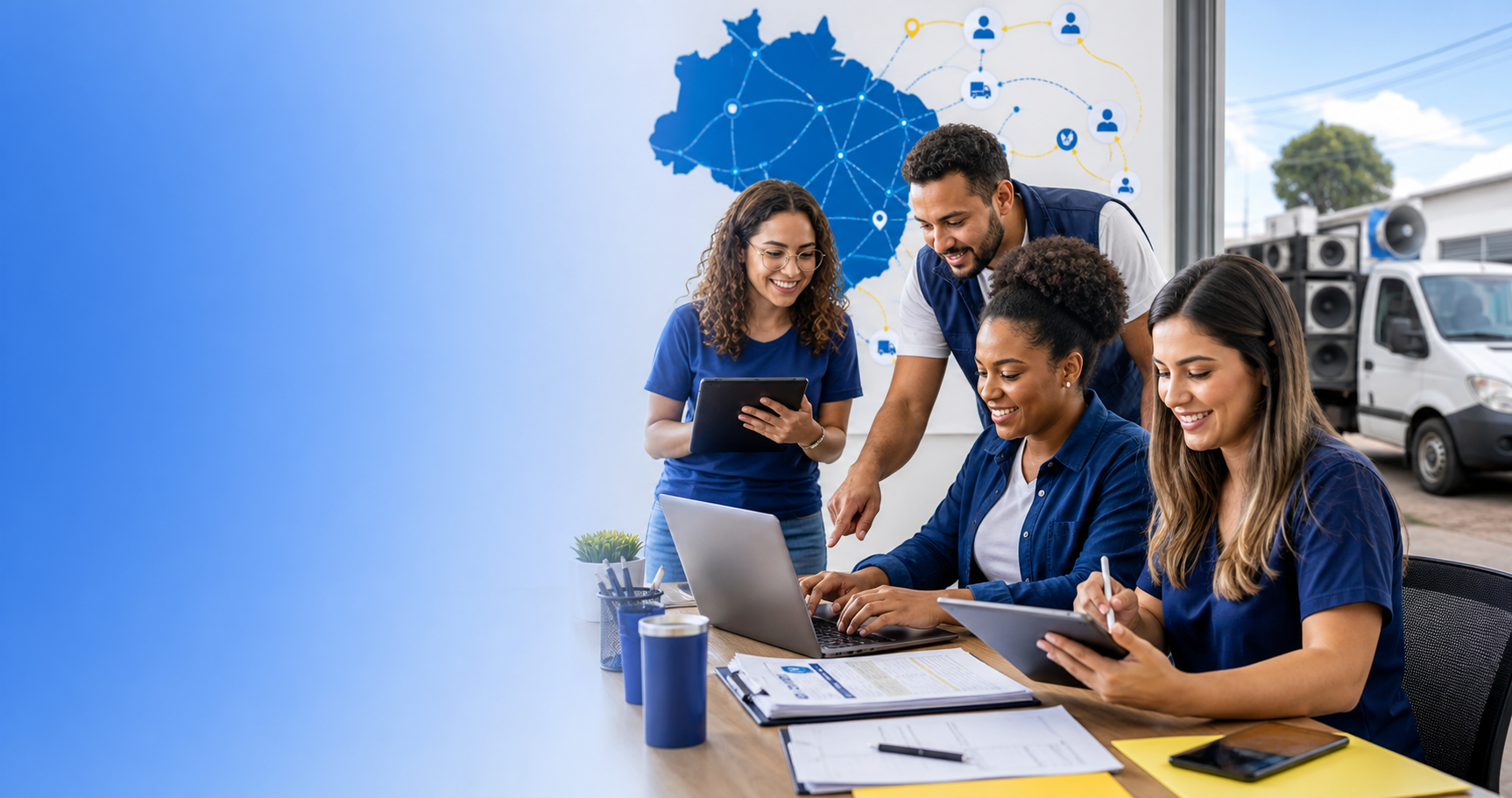 Equipe de campanha organizando cadastros, documentos e logística